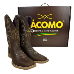 Bota Texana Feminina Jácomo Bico Quadrado Couro Crazy Amêndoa Com Bordado Amarelo E Branco Ref:4861/UFA