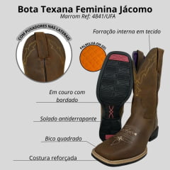 Bota Texana Feminina Jácomo Bico Quadrado Couro Crazy Amêndoa Com Bordado Creme /Amarelo Ref:4841/UF