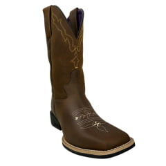 Bota Texana Feminina Jácomo Bico Quadrado Couro Crazy Amêndoa Com Bordado Creme /Amarelo Ref:4841/UF