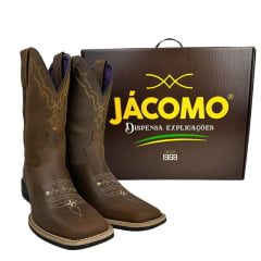 Bota Texana Feminina Jácomo Bico Quadrado Couro Crazy Amêndoa Com Bordado Creme /Amarelo Ref:4841/UF