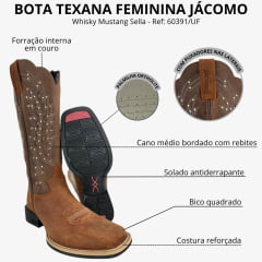 Bota Texana Feminina Jácomo Bico Quadrado Couro Destroyer Whisky Mustang Sella Ref:60391/UF