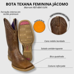 Bota Texana Feminina Jácomo Bico Quadrado Couro Fóssil Bufalino Saar Com Bordado Creme Ref.4841/UFA