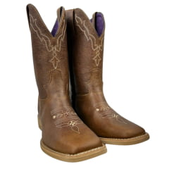 Bota Texana Feminina Jácomo Bico Quadrado Couro Fóssil Bufalino Saar Com Bordado Creme Ref.4841/UFA