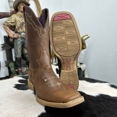 Bota Texana Feminina Jácomo Bico Quadrado Couro Fóssil Bufalino Saar Com Bordado Creme Ref.4841/UFA