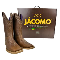 Bota Texana Feminina Jácomo Bico Quadrado Couro Fóssil Bufalino Saar Com Bordado Creme Ref.4841/UFA