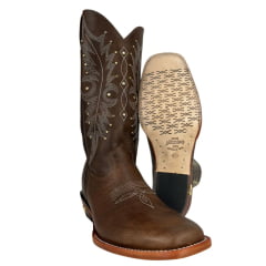 Bota Texana Feminina Jácomo Bico Quadrado Couro Fóssil Bufalino Saar Solado Madeira Cru Tachinhas Douradas Ref:F101/MC Bota Texana Feminina Jácomo Bico Quadrado Couro Fóssil Bufalino Saar Solado Madeira Cru Tachinhas Douradas Ref:F101/MC