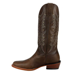 Bota Texana Feminina Jácomo Bico Quadrado Couro Fóssil Bufalino Saar Solado Madeira Cru Tachinhas Douradas Ref:F101/MC