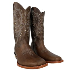 Bota Texana Feminina Jácomo Bico Quadrado Couro Fóssil Bufalino Saar Solado Madeira Cru Tachinhas Douradas Ref:F101/MC