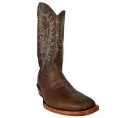 Bota Texana Feminina Jácomo Bico Quadrado Couro Fóssil Bufalino Saar Solado Madeira Cru Tachinhas Douradas Ref:F101/MC