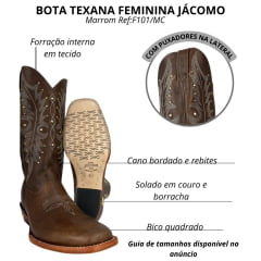 Bota Texana Feminina Jácomo Bico Quadrado Couro Fóssil Bufalino Saar Solado Madeira Cru Tachinhas Douradas Ref:F101/MC