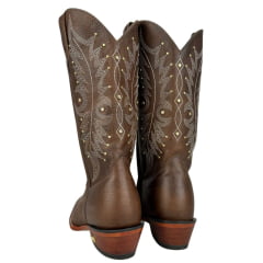 Bota Texana Feminina Jácomo Bico Quadrado Couro Fóssil Bufalino Saar Solado Madeira Cru Tachinhas Douradas Ref:F101/MC