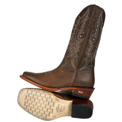 Bota Texana Feminina Jácomo Bico Quadrado Couro Fóssil Bufalino Saar Solado Madeira Cru Tachinhas Douradas Ref:F101/MC