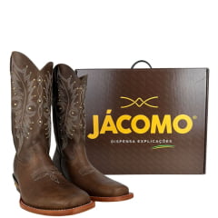 Bota Texana Feminina Jácomo Bico Quadrado Couro Fóssil Bufalino Saar Solado Madeira Cru Tachinhas Douradas Ref:F101/MC