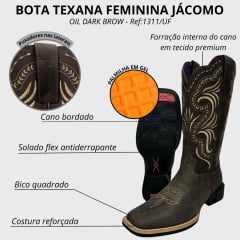 Bota Texana Feminina Jácomo Bico Quadrado Couro Mamute Oil Dark Brow Ref: 1311/UF