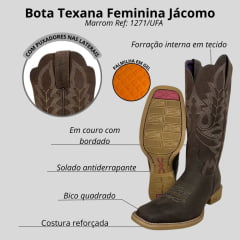 Bota Texana Feminina Jácomo Bico Quadrado Couro Mustang Dark Brown Com Bordado Crú Ref:1271/UFA