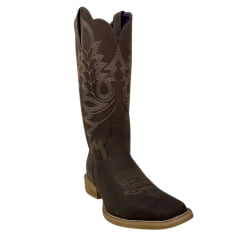 Bota Texana Feminina Jácomo Bico Quadrado Couro Mustang Dark Brown Com Bordado Crú Ref:1271/UFA