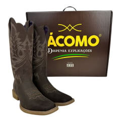 Bota Texana Feminina Jácomo Bico Quadrado Couro Mustang Dark Brown Com Bordado Crú Ref:1271/UFA