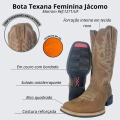 Bota Texana Feminina Jácomo Bico Quadrado Couro Mustang Havana Bordado Ref:1271/UF