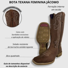 Bota Texana Feminina Jácomo Bico Quadrado Couro Mustang Sella Cano Bordado Cru Ref.1281/UFA-Sola Clara