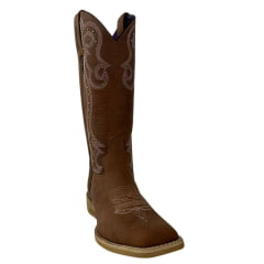 Bota Texana Feminina Jácomo Bico Quadrado Couro Mustang Sella Cano Bordado Cru Ref.1281/UFA-Sola Clara