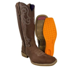 Bota Texana Feminina Jácomo Bico Quadrado Couro Mustang Sella Cano Bordado Cru Ref.1281/UFA-Sola Clara