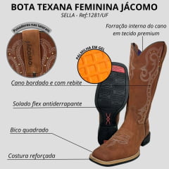 Bota Texana Feminina Jácomo Bico Quadrado Couro Mustang Sella com Rebite Dourado Ref: 1281/UF