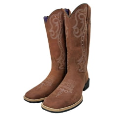 Bota Texana Feminina Jácomo Bico Quadrado Couro Mustang Sella com Rebite Dourado Ref: 1281/UF