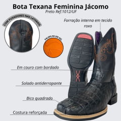 Bota Texana Feminina Jácomo Bico Quadrado Couro Rabo Jacaré Preto Fóssil Oil Ref: 1012/UF