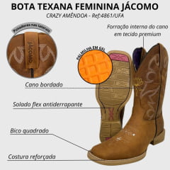 Bota Texana Feminina Jácomo Bico Quadrado Crazy Amendoa Ref: 4861/UFA