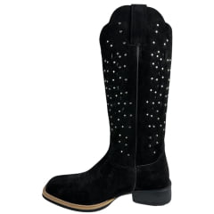 Bota Texana Feminina Jácomo Bico Quadrado Nobuck Avesso Preto Rebites Prata Ref:60391/UF
