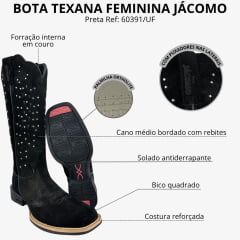 Bota Texana Feminina Jácomo Bico Quadrado Nobuck Avesso Preto Rebites Prata Ref:60391/UF