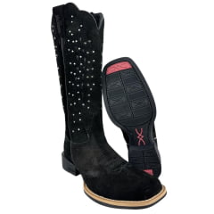Bota Texana Feminina Jácomo Bico Quadrado Nobuck Avesso Preto Rebites Prata Ref:60391/UF