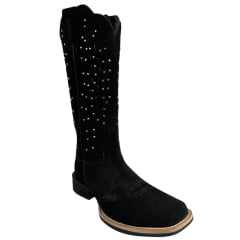 Bota Texana Feminina Jácomo Bico Quadrado Nobuck Avesso Preto Rebites Prata Ref:60391/UF
