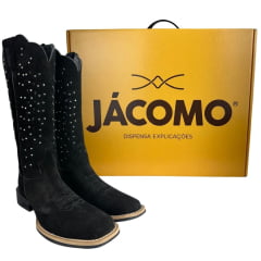 Bota Texana Feminina Jácomo Bico Quadrado Nobuck Avesso Preto Rebites Prata Ref:60391/UF