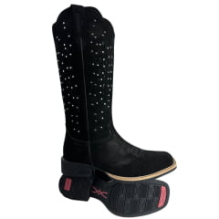 Bota Texana Feminina Jácomo Bico Quadrado Nobuck Avesso Preto Rebites Prata Ref:60391/UF