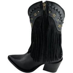 Bota Texana Feminina Kedoll Arara Brasil Preto Bico Fino Cano Médio Zíper E Franjas Detalhes Dourados - Ref:229