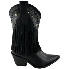 Bota Texana Feminina Kedoll Arara Brasil Preto Bico Fino Cano Médio Zíper E Franjas Detalhes Dourados - Ref:229