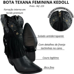 Bota Texana Feminina Kedoll Arara Brasil Preto Bico Fino Cano Médio Zíper E Franjas Detalhes Dourados - Ref:229