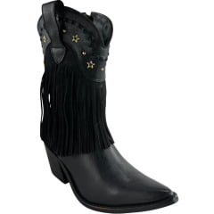 Bota Texana Feminina Kedoll Arara Brasil Preto Bico Fino Cano Médio Zíper E Franjas Detalhes Dourados - Ref:229