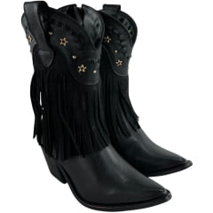 Bota Texana Feminina Kedoll Arara Brasil Preto Bico Fino Cano Médio Zíper E Franjas Detalhes Dourados - Ref:229
