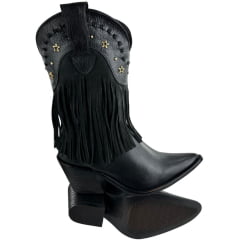 Bota Texana Feminina Kedoll Arara Brasil Preto Bico Fino Cano Médio Zíper E Franjas Detalhes Dourados - Ref:229