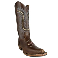 Bota Texana Feminina Os Moiadeiros Bico Fino Couro Fóssil Brown Com Bordado Cru/Rosa E Azul Ref:736