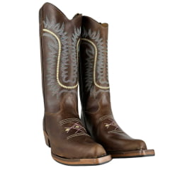 Bota Texana Feminina Os Moiadeiros Bico Fino Couro Fóssil Brown Com Bordado Cru/Rosa E Azul Ref:736