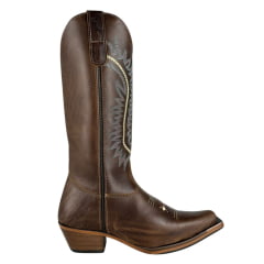 Bota Texana Feminina Os Moiadeiros Bico Fino Couro Fóssil Brown Com Bordado Cru/Rosa E Azul Ref:736