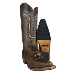 Bota Texana Feminina Os Moiadeiros Bico Fino Couro Fóssil Brown Com Bordado Cru/Rosa E Azul Ref:736