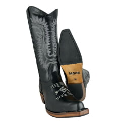 Bota Texana Feminina Os Moiadeiros Bico Fino Couro Fóssil Preto Com Bordado Branco Ref:759