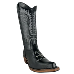 Bota Texana Feminina Os Moiadeiros Bico Fino Couro Fóssil Preto Com Bordado Branco Ref:759