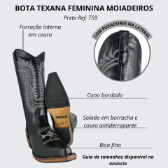 Bota Texana Feminina Os Moiadeiros Bico Fino Couro Fóssil Preto Com Bordado Branco Ref:759