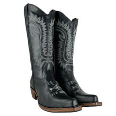 Bota Texana Feminina Os Moiadeiros Bico Fino Couro Fóssil Preto Com Bordado Branco Ref:759
