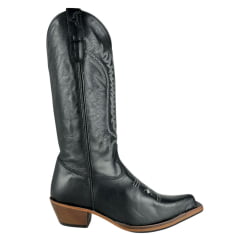 Bota Texana Feminina Os Moiadeiros Bico Fino Couro Fóssil Preto Com Bordado Branco Ref:759